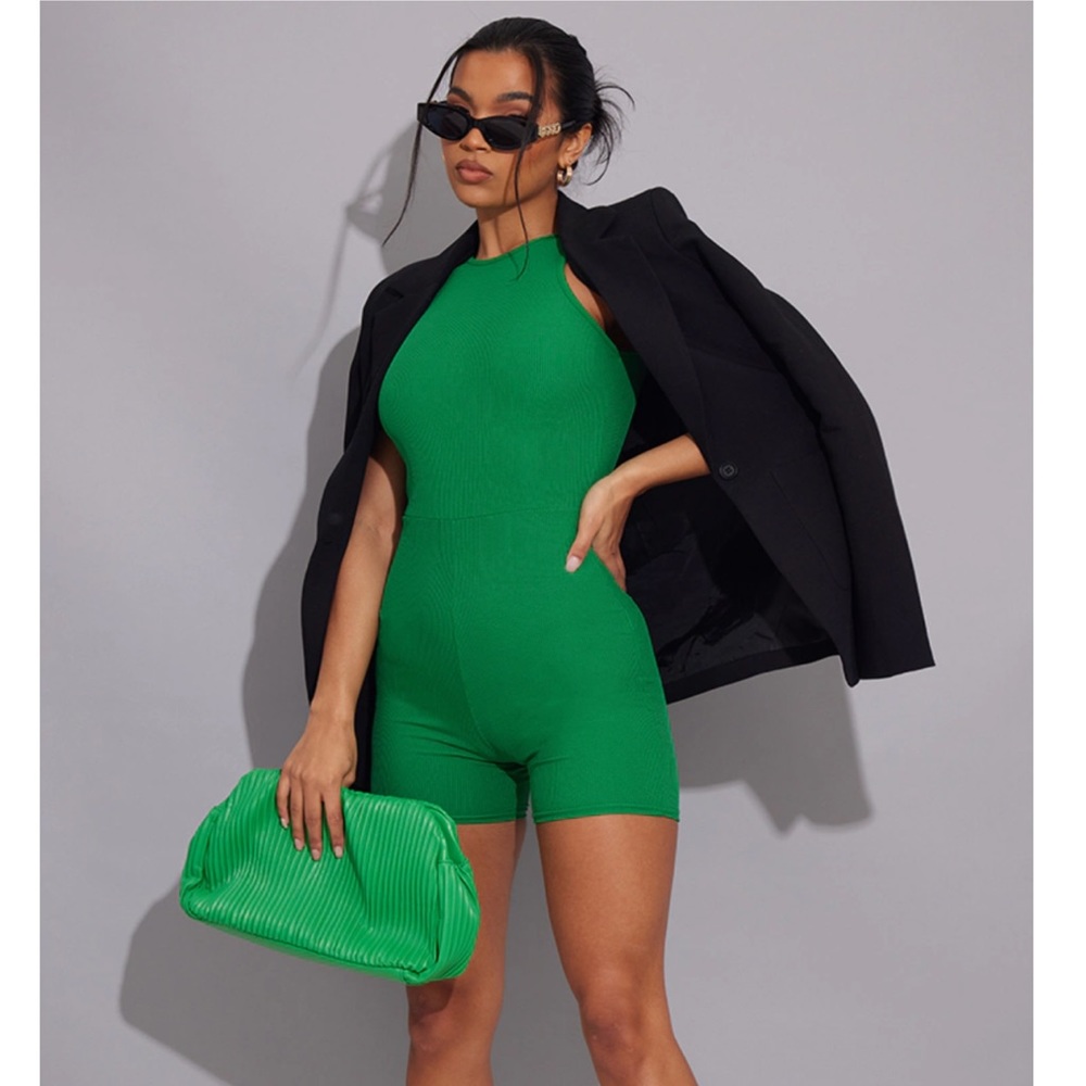 Green Ribbed Racer Neck Romper